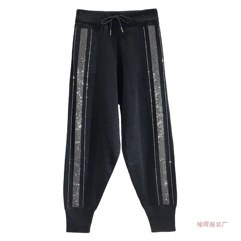 Heavy-Duty Rhinestone Casual Pants for Women, Knitted 2026 Spring/Summer Korean Style Loose-Fitting Cropped Jogger Pants, Sporty Harem Pants