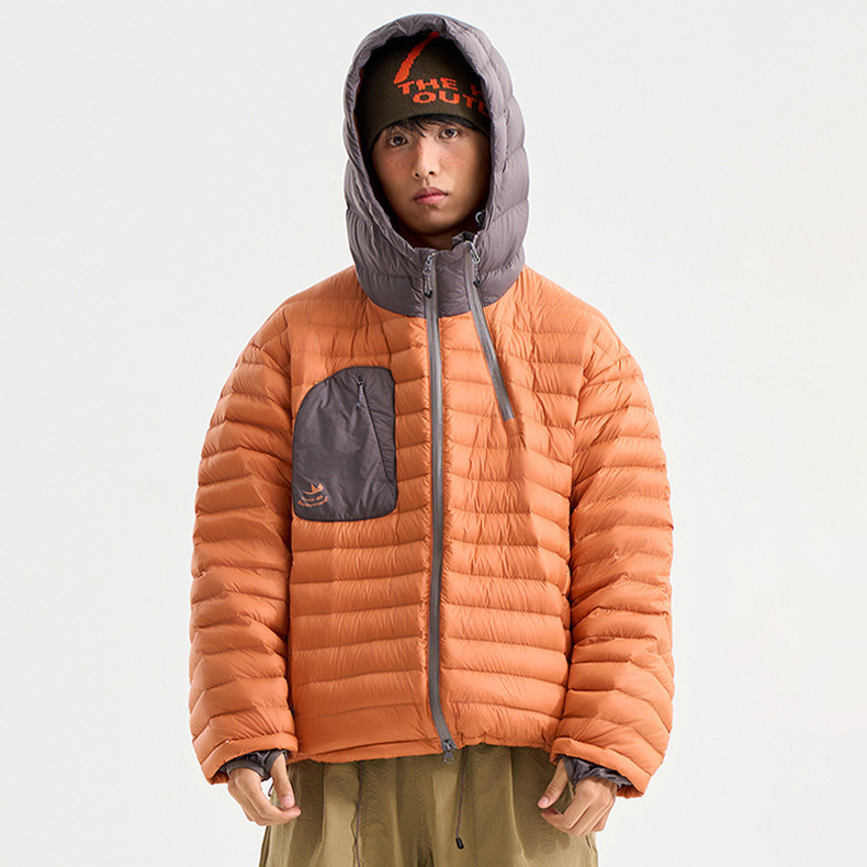 Contrast Color Stitching Rib Quilted Hooded down Jacket Men's Winter Cold-Proof Warm Loose Casual Jacket Vibe Trend