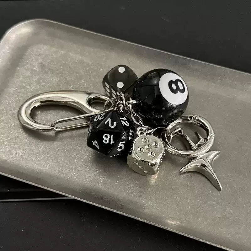 Creative keychain multi‑decor (DIY) with dice, bottle opener & thermometer, assorted charms