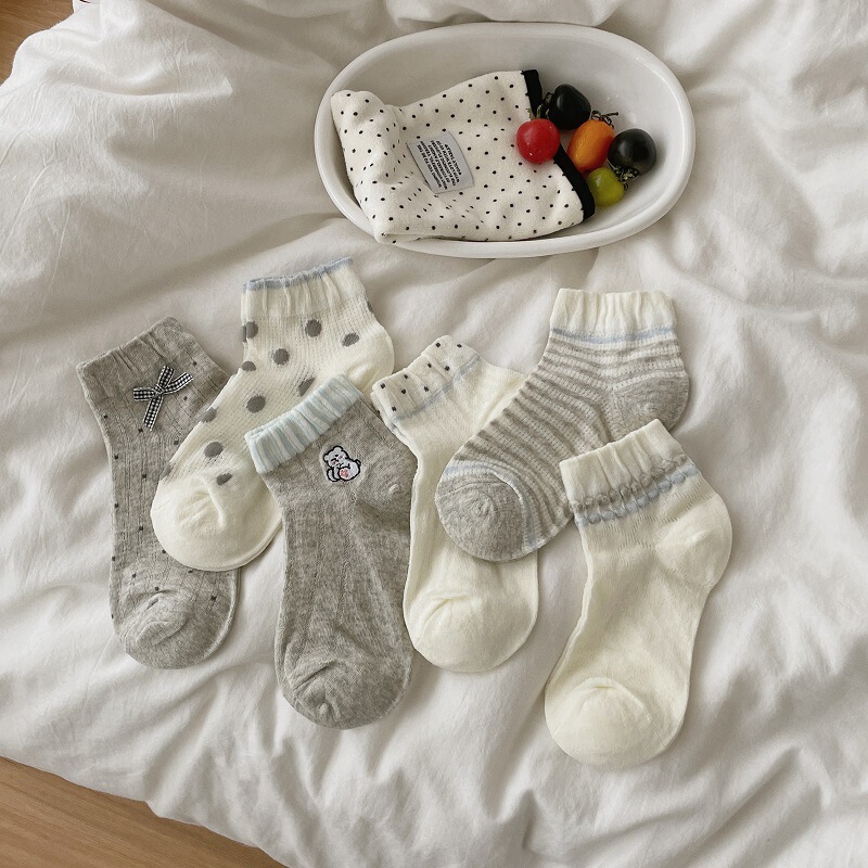 Summer Thin Bubble Wave Polka Dot Bow Socks for Women, Korean and Japanese Style, Breathable Ballet-Style Embroidered Short Socks