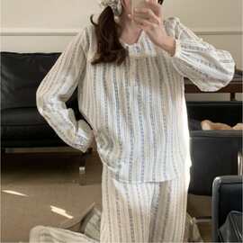 跨境专供外贸韩系条纹花花边小V领双层棉纱家居服睡衣套装配发圈