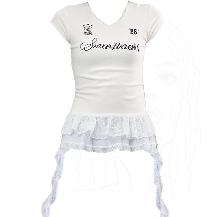 Plus Size Fat mm Ballet Style White Hem Splicing Short-Sleeved T-Shirt Women's Summer New Slimming Look and Chic Top Plus Size Fat mm Ballet Style White Hem Splicing Short-Sleeved T-Shirt Women's Summer New Slimming Look and Chic Top