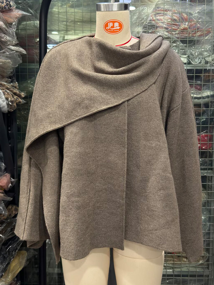 Autumn and Winter Women's Elegant Lazy Style Scarf Cape Crewneck Long-sleeved Loose Casual Knitted Top Jacket