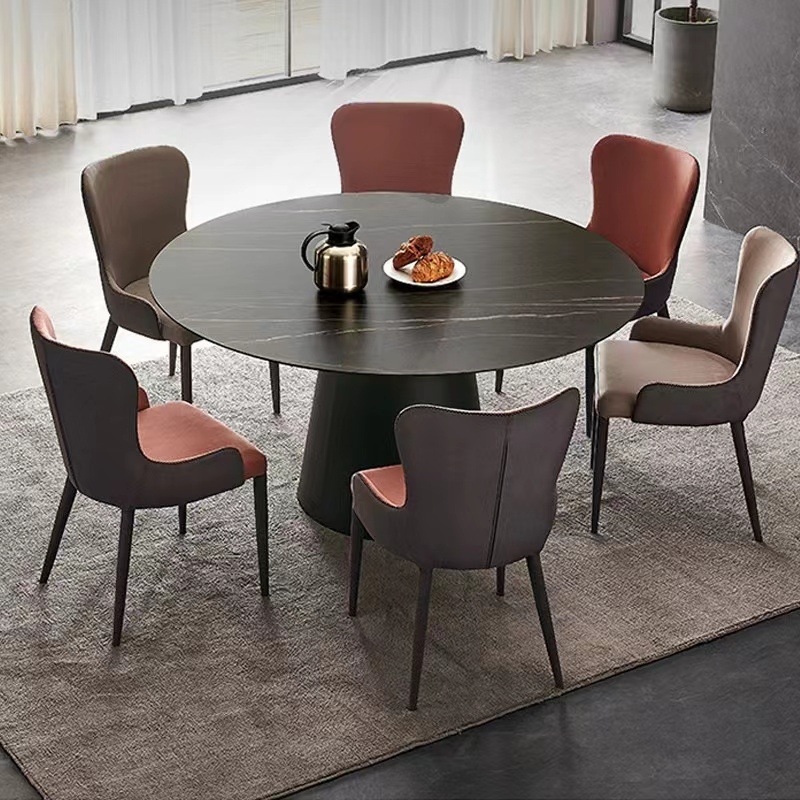 意式轻奢哑光面岩板圆餐桌椅组合现代简约小户型家用餐桌转盘圆桌