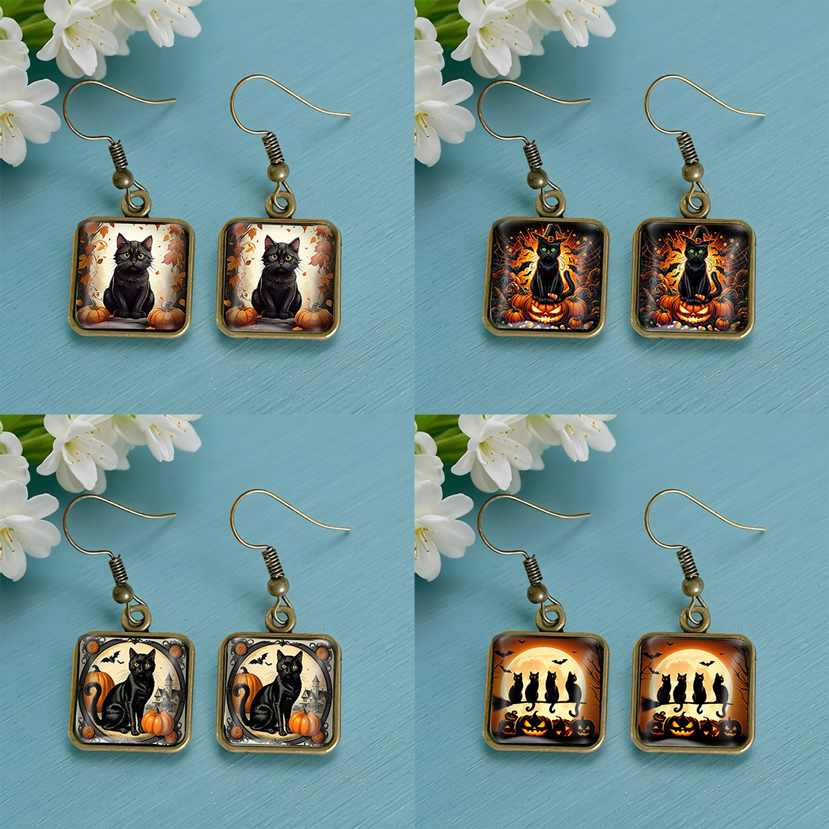 Cross-Border 2025 Halloween Black Cat Pumpkin Autumn Retro Copper Square Time Gemstone Crystal Glass Earrings
