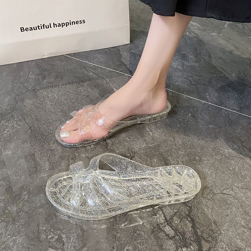 여름 패션 비 Stinky Feet 크리스탈 투명 슬리퍼 여성 홈 및 의류 비 슬립 로우 힐 슬리퍼 여성용 슬리퍼