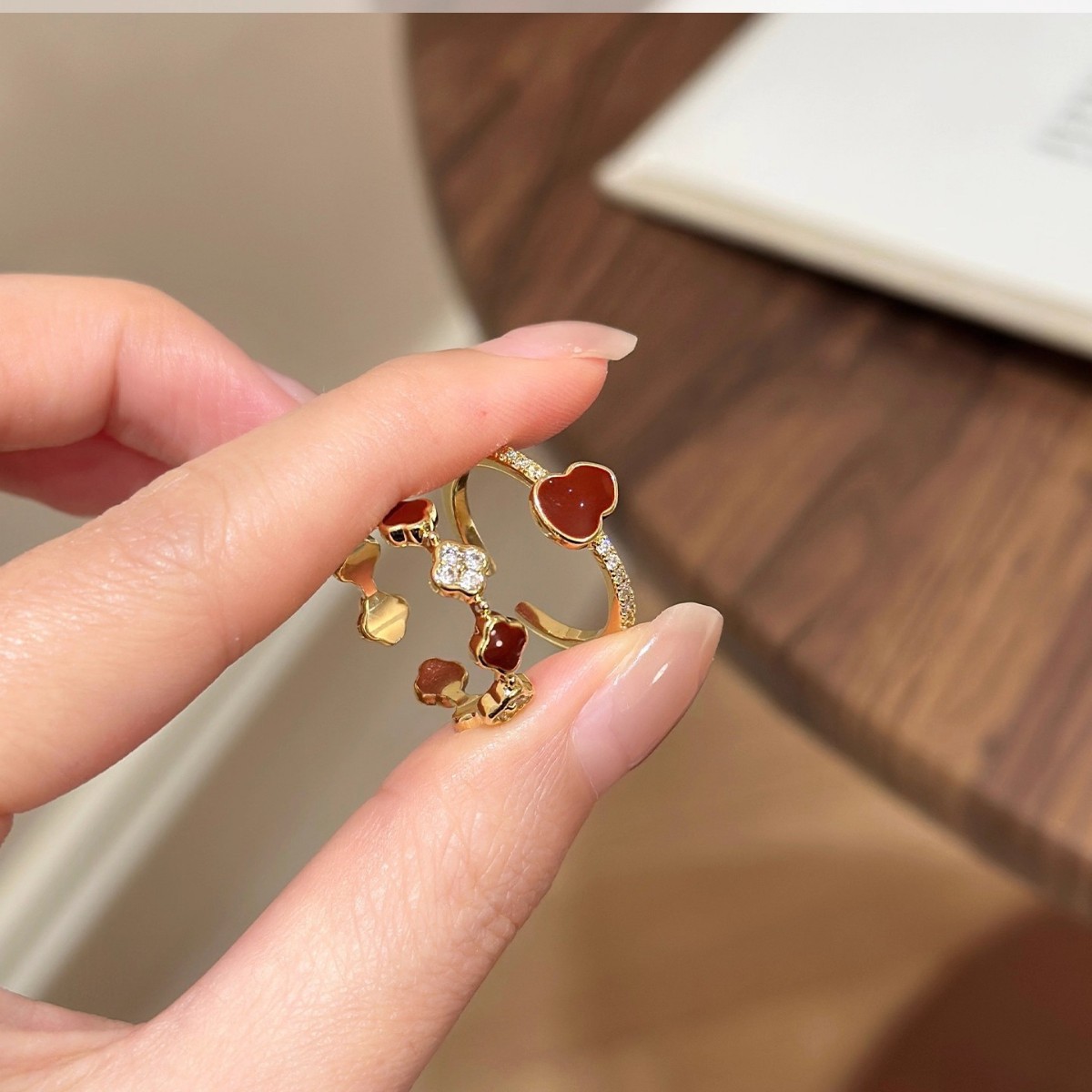 Red Oil-Drip Gourd Four-Leaf Flower Ring Open Luxury High-End Stackable Versatile Ring New Year Index Finger Ring for Women