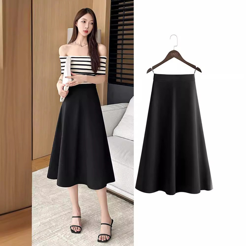 Suit A- line skirt for women 2024 new summer skirt interview umbrella skirt slimming draping black long skirt