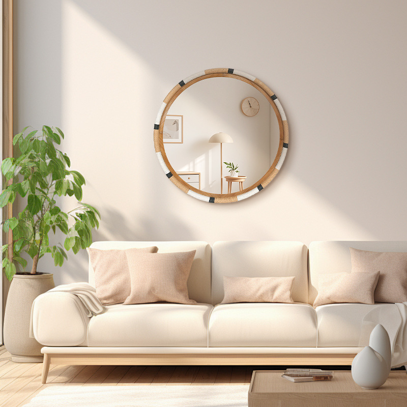 Round Creative Makeup Mirror Nordic Style Rattan Bathroom Living Room Bathroom Hanging Mirror Makeup Mirror High Definition Mirror Wholesale