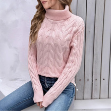 跨境亚马逊纯色麻花高领长袖套头针织衫欧美宽松时尚休闲毛衣女