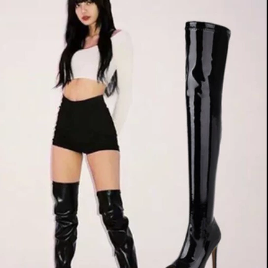 Длинные сапоги в том же стиле, красные сапоги выше колена из лакированной кожи, женские весенне-летние сапоги с открытым носком, рыбий рот, на высоком каблуке, для джазовых танцев больших размеров