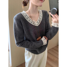 法式淑女风鸡心领花边毛衣2024冬季新款宽松显瘦百搭针织衫上衣女