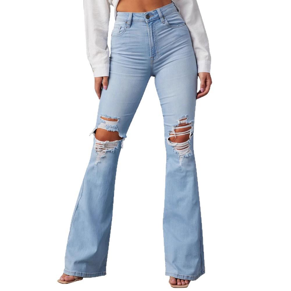 Venta directa de fábrica, nuevos jeans rotos de talle alto estilo europeo y americano para mujer, pantalones acampanados de estilo urbano, pantalones largos 2025