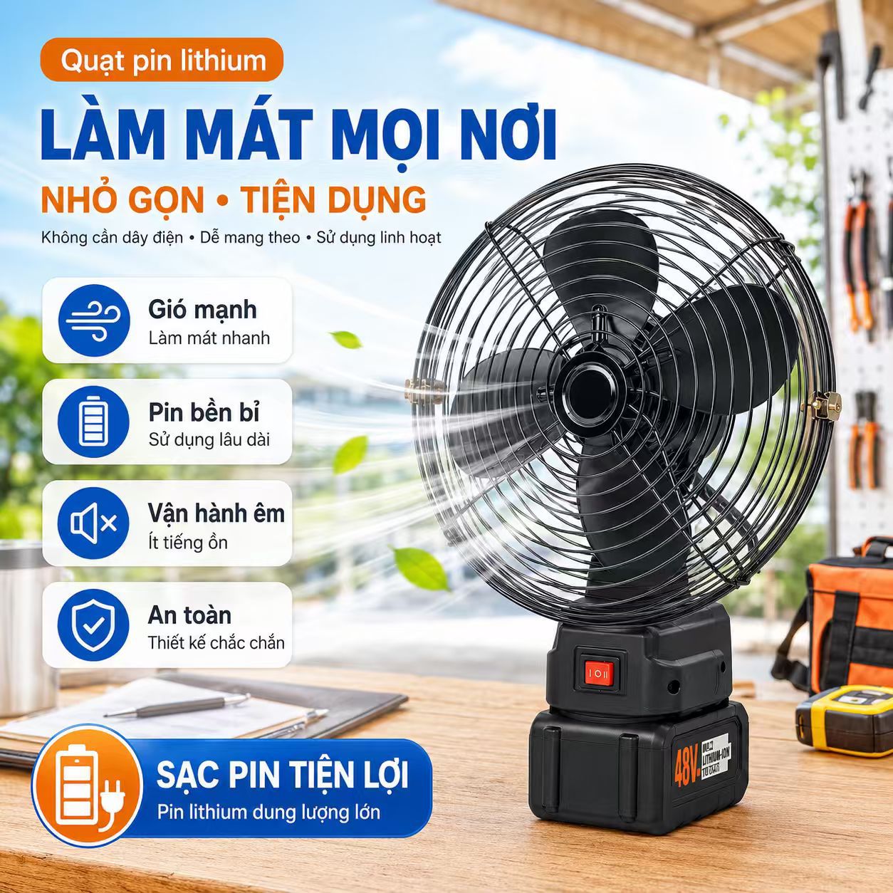 Lithium battery rechargeable electric fan with ultra-long battery life, wireless lithium battery outdoor portable cooling fan