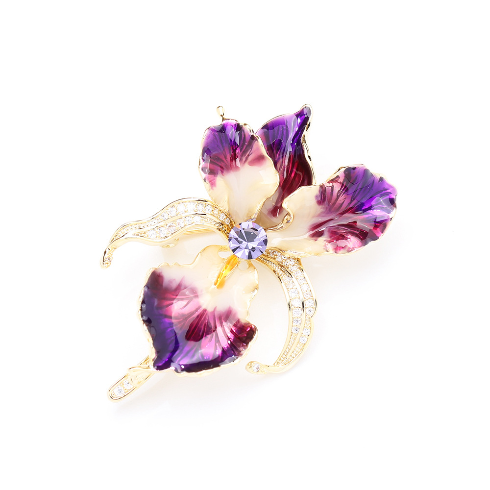 Cross-Border French Light Luxury Enamel Iris Brooch for Women, High-End Floral Pin with Micro-Inlaid Zircon Brooch Accessory