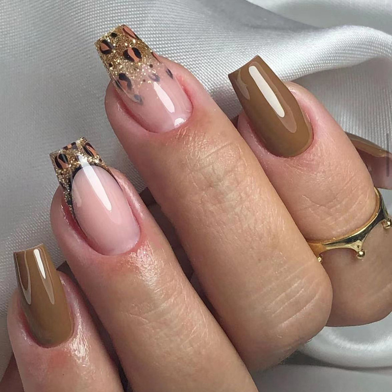 Autumn Brown simple wear nail polish gold glitter leopard print nail ballet finger nail polish nail patch
