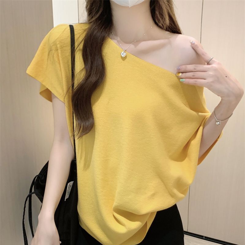 韓国の不規則な斜め肩バットスリーブニットTシャツ、女性用、新しい夏スタイルのレイジースタイルのゆったりとしたスリムなトップ|undefined