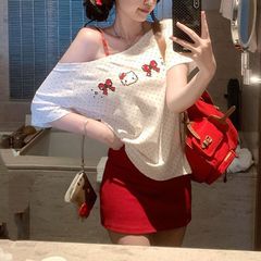 Pure Desire Sweet 斜め肩水玉半袖 Tシャツレディース夏キティ刺繍トップとサスペンダースカートショートスカートスーツ