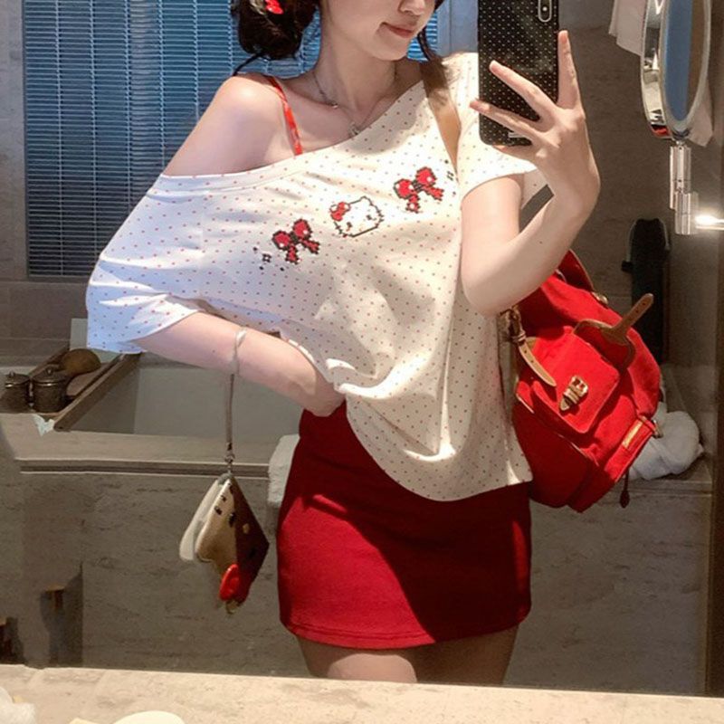 Pure Desire Sweet Slanted Shoulder Polka Dot Short Sleeve T-Shirt Women's Summer Kitty Embroidered Top with Suspender Skirt Short Skirt Suit