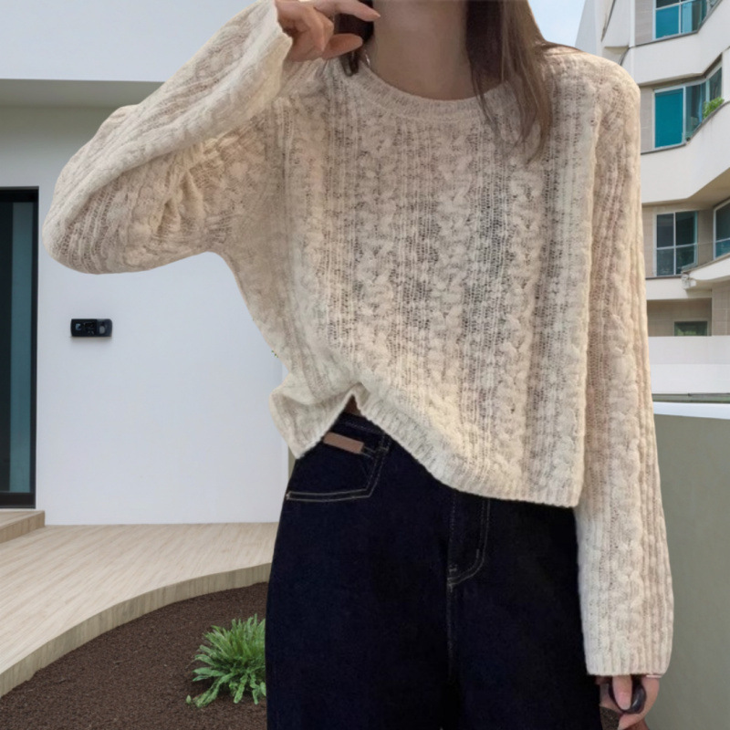 独特超好看麻花毛衣女短款秋冬洋气软糯温柔风上衣梅子色针织衫女|undefined