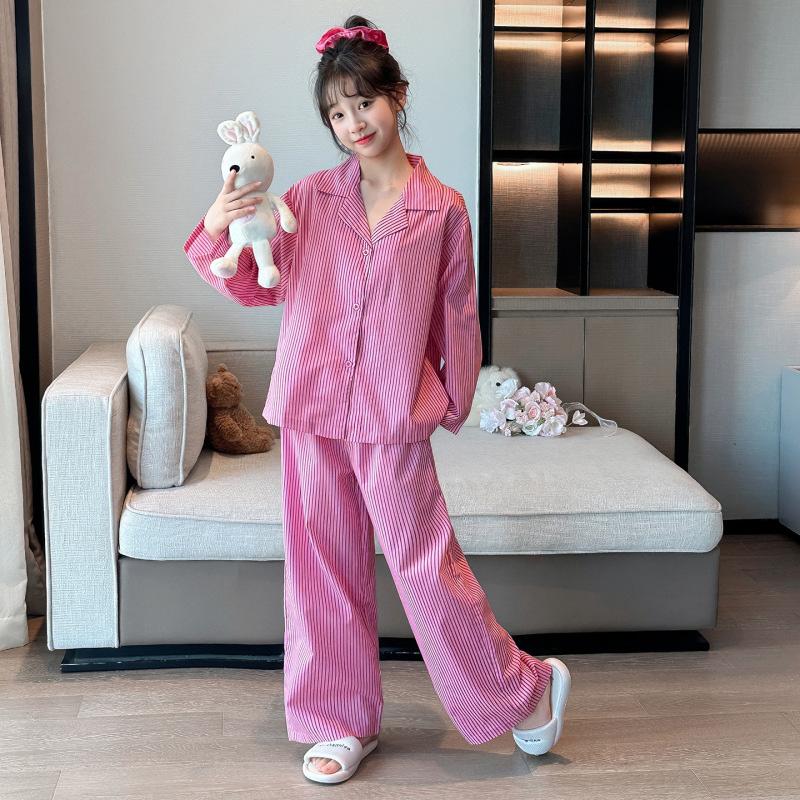 女童睡衣春秋2025新款长袖甜美可爱中大童条纹套装家居服套装|undefined