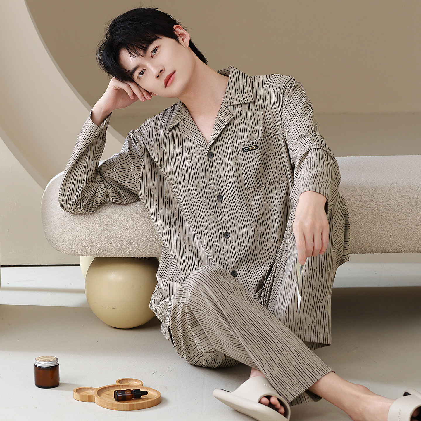 Autumn and Winter Pure Cotton Pajamas Men's Long-Sleeved Old Money Style Cardigan Large Size Home Clothes Autumn Men's High-End Pajamas