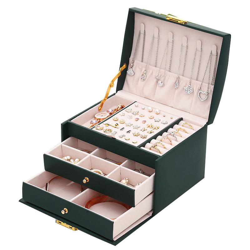 Caja Organizadora de Joyas de 3 Capas de Cuero con Cajón y Cierre