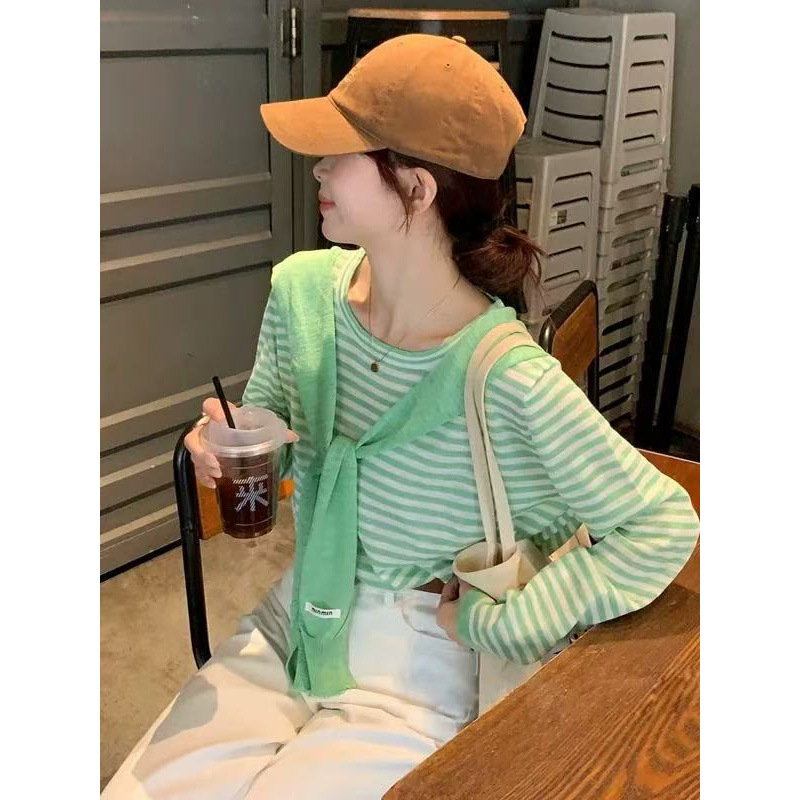 Autumn and Winter New Korean Style Simple Shawl Two-Piece Knitted Sweater Set for Women, Spring and Summer Fresh and Loose Versatile Striped Design