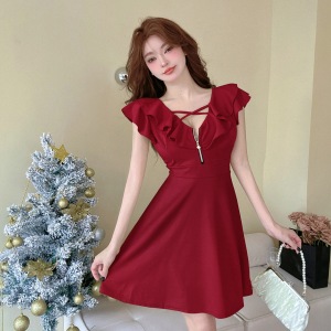 Ruffle edge sexy low cut waist A-line dress