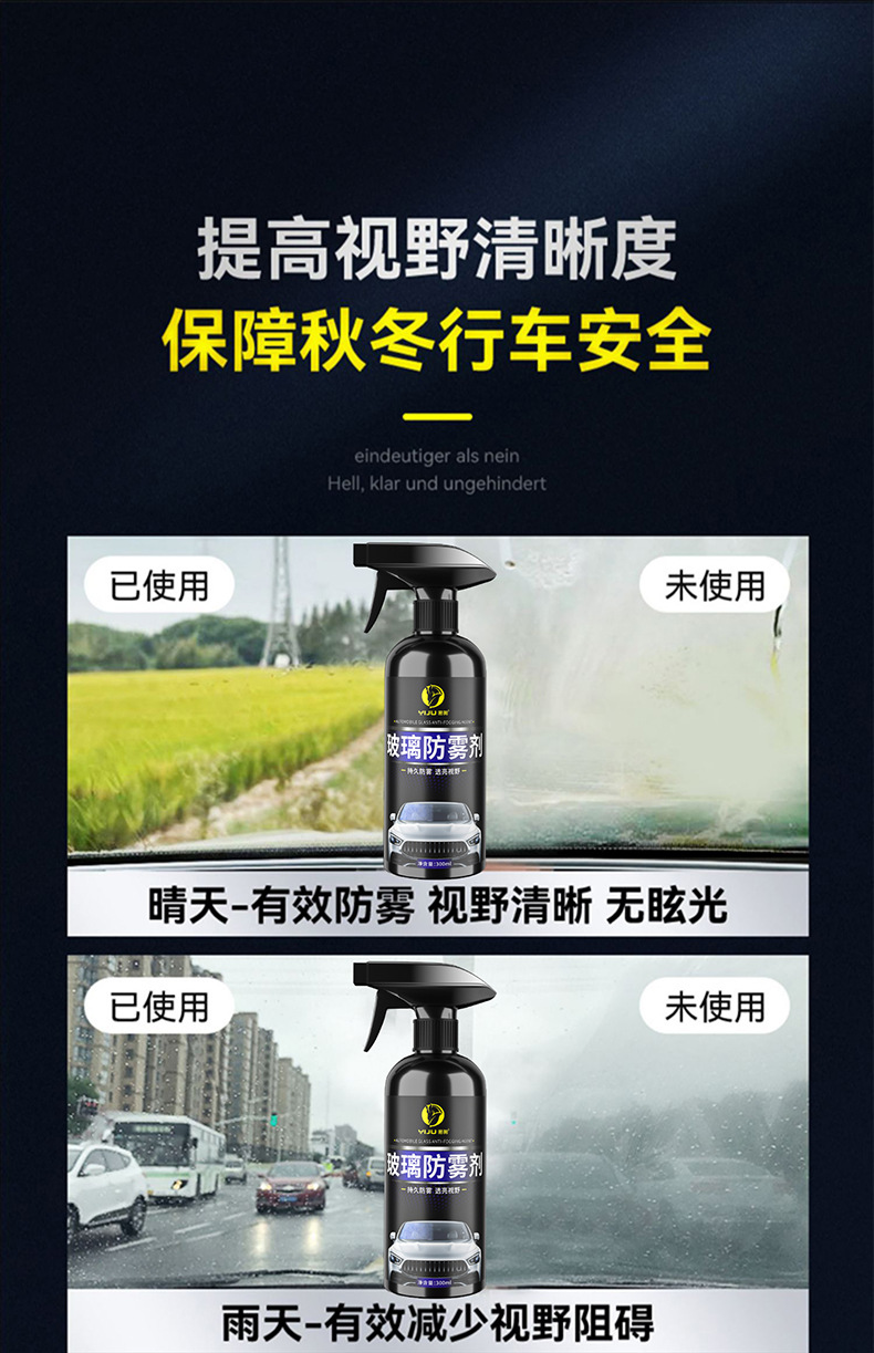 Anti-fog agent for car windshields, long-lasting defogger for car windows and rearview mirrors, rainproof spray, gentle formula