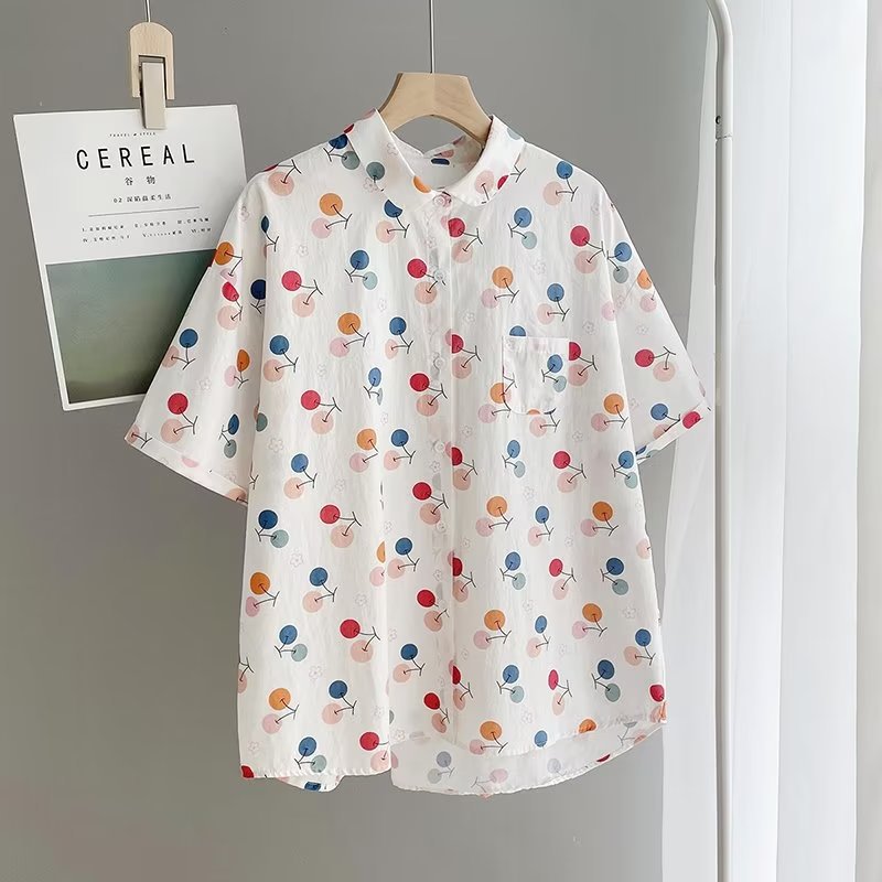 81326大码度假风印花少年感衬衫夏季女百搭衬衣复古慵懒短袖上衣