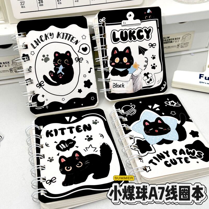 Original Ins Simple Black Cat A7 Coil Notebook High-Value Student Mini Pocket Portable Thickened Notebook