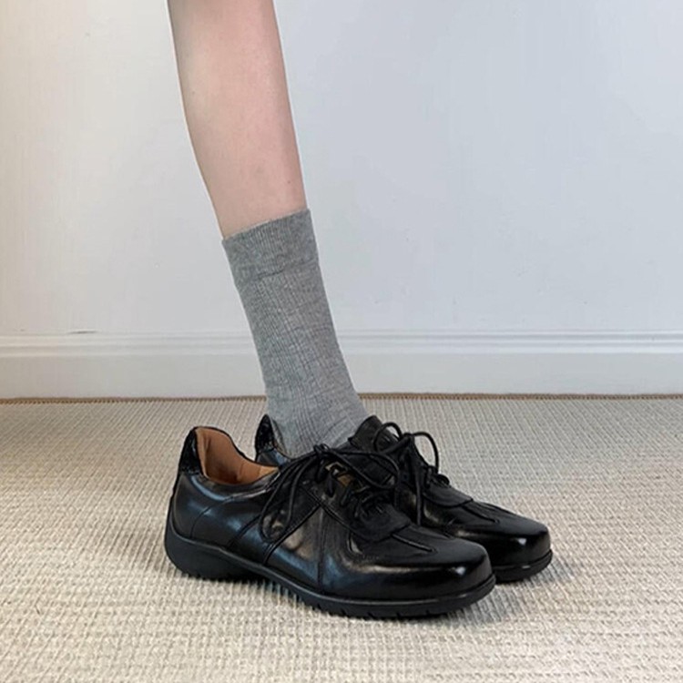Sheepskin Version ~ Retro Square-Toe Artistic Lace-Up Moral Training Shoes Ballet Style Black Comfortable and Versatile Small Leather Shoes for Women