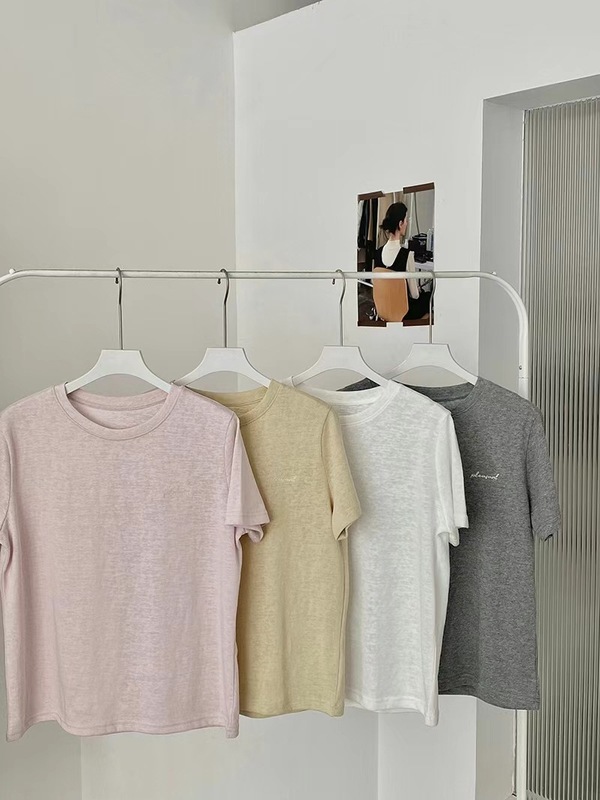 コットンとリネンの小文字刺繍右肩Tシャツレディース新作半袖ラウンドネック万能通気性カジュアルシンプル半袖トップス|undefined