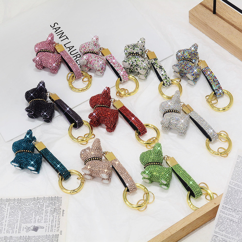 Creative Diamond Method Dog Fighting Dog Internet Celebrity Car Key Pendant Personalized Women's Ins High-end Bag Hanging Keychain Gift