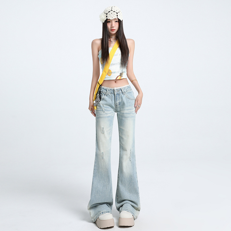 Low-Waisted Flared Jeans for Women, 2025 Autumn New Style, Lace Trim, Ripped, Non-Tight, Slimming Bell-Bottom Pants