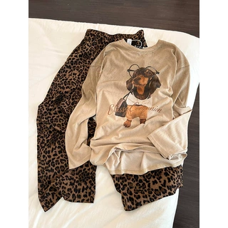 美拉德松弛感小狗印花长袖睡衣女春秋款豹纹长裤家居服套装可出门