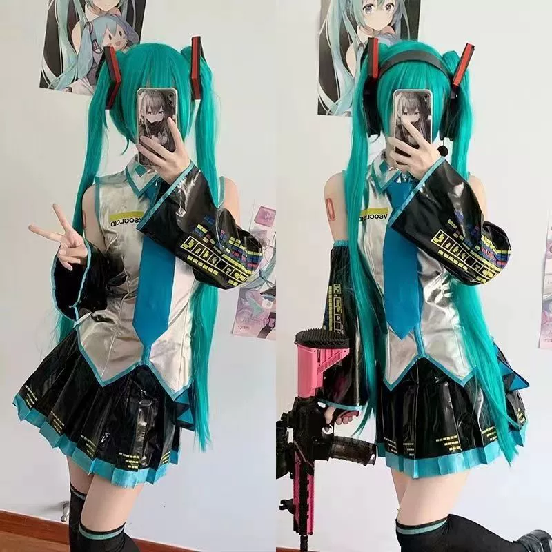 Костюм Hatsune Miku cos MIKU, официальный костюм японской девушки, аниме, серебряный лакированный кожаный женский костюм JK для косплея