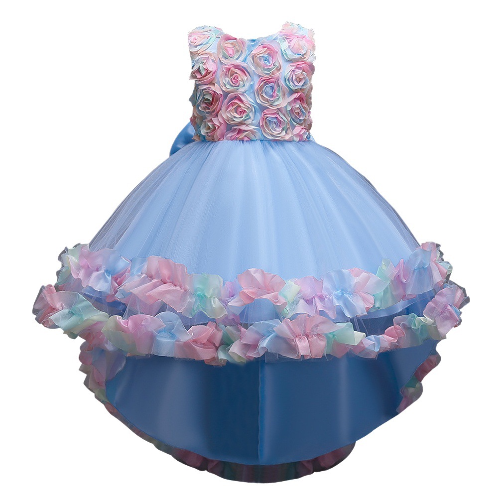 Vestido para niños vestido de pasarela de flores de malla vestido para niños vestido de princesa arrastrándose Ropa de rendimiento para niños europeos y americanos medios y grandes