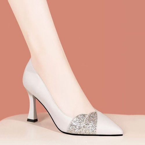 Women's pointed-toe stiletto pumps with white crystal embellishments, versatile soft leather shoes suitable for all seasons, elegant and stylish single shoes for a refined look.