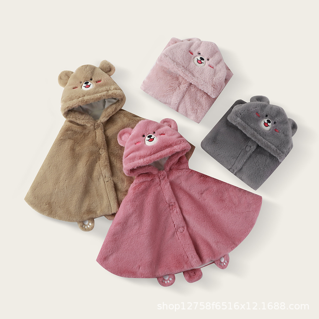 Baby Hooded Cape, Thickened Baby Cloak, Children's Shawl, Cartoon Imitation Rabbit Fur Outdoor Clothing, Cute Bear Cape