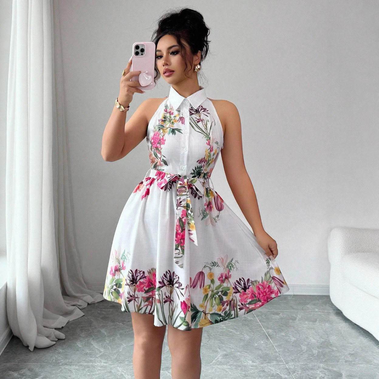 2026 European and American Cross-Border Foreign Trade Amazon New Floral Print Dress with Waist-Cinching Halter Neck and Tie-Up Dress