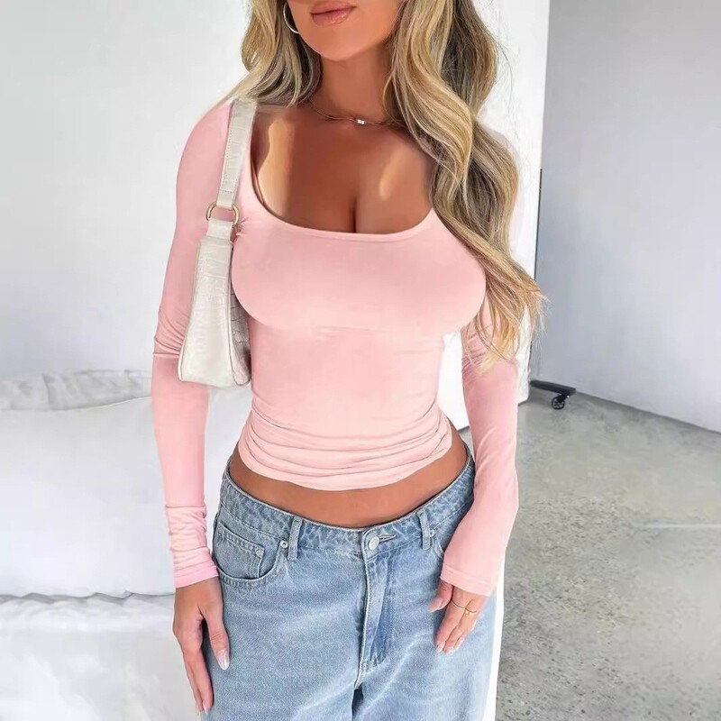 2024 Amazon Europe and America Women's Independent Station Cross-border Foreign Trade Y2K Slim Fit Slim Solid Color U-collar Long Sleeve Top