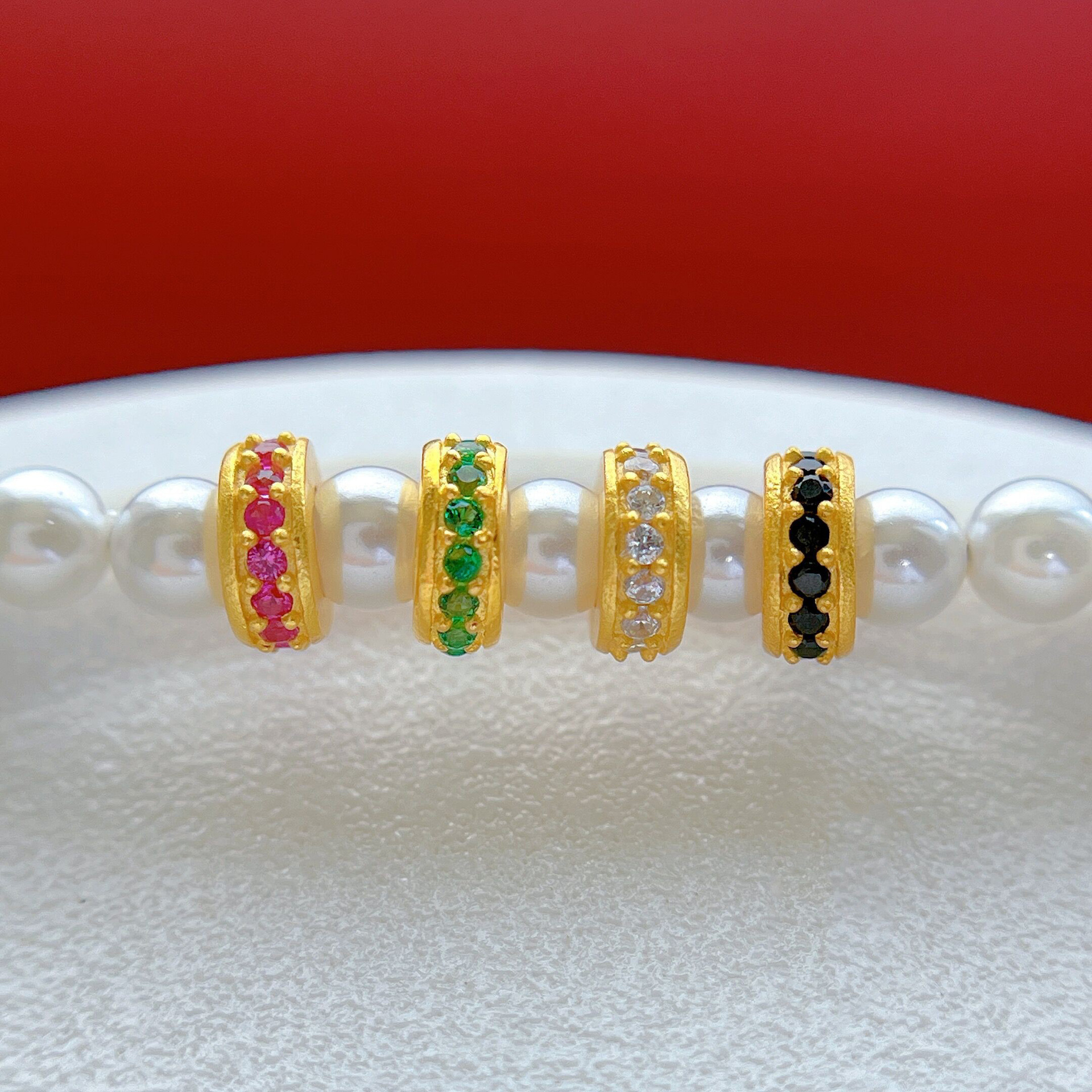 Ancient S925 Silver Gold-Plated Inlaid Red, Blue and White Rhinestone Spacer Spacer Large Hole DIY Bracelet Rope Accessories