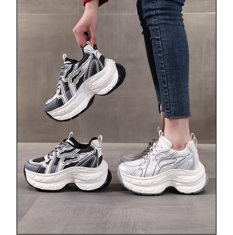 Giày sneaker chunky nữ đế dày lưới thoáng khí tăng chiều cao — Màu trắng chi tiết 17