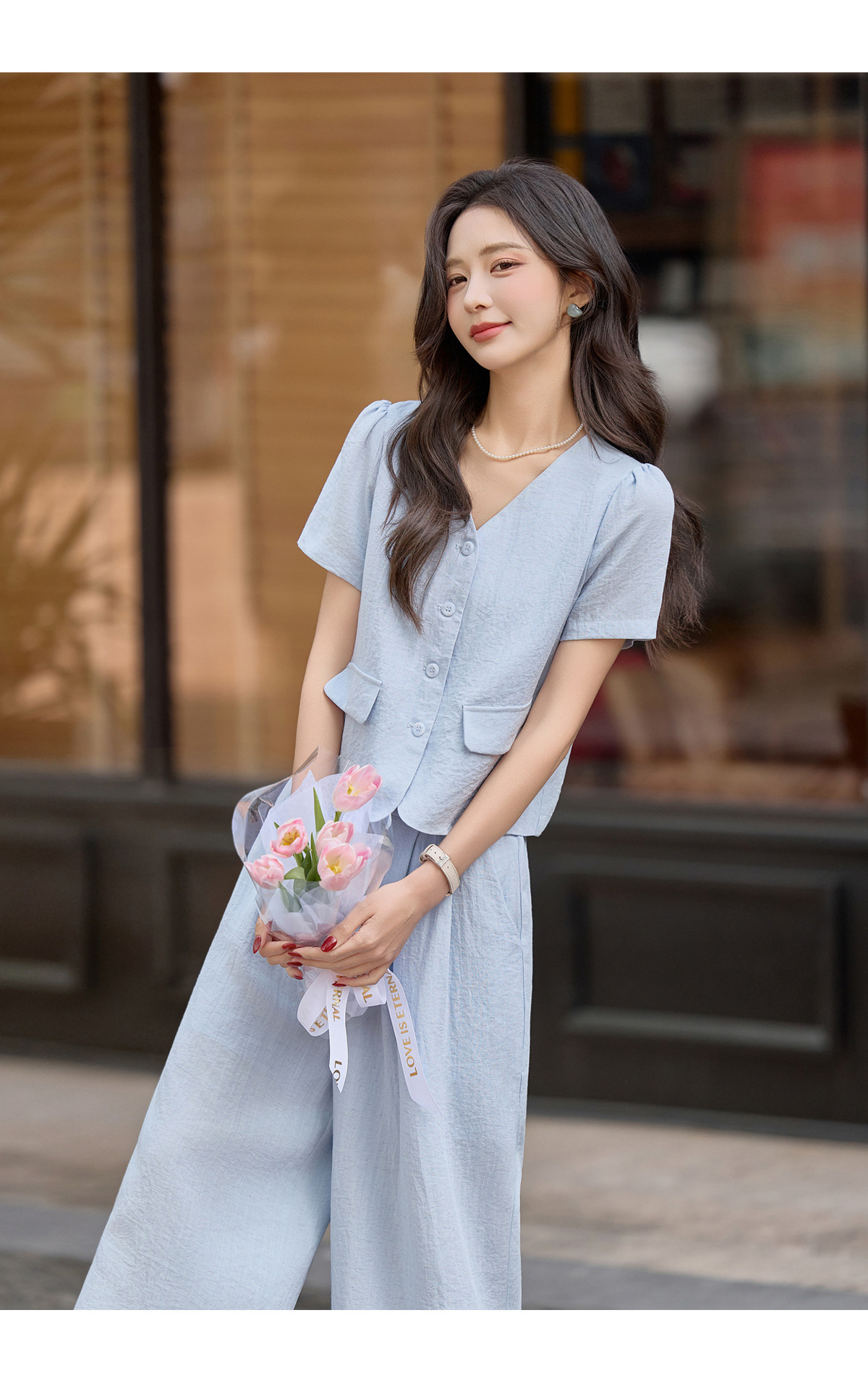 Bộ quần áo hai mảnh nữ mùa hè 2026 áo sơ mi cổ V tay ngắn phối quần ống rộng — Màu ảnh chi tiết 18
