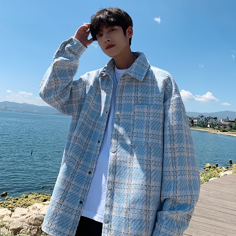 Chanel style coat men's spring and autumn high-grade plaid fashion brand plus size shirt lapel handsome couple loose jacket Chanel style coat men's spring and autumn high-grade plaid fashion brand plus size shirt lapel handsome couple loose jacket