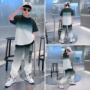 Children's Summer Short-Sleeve Trendy Gradient Outfit for Older Boys, Stylish Sporty Jogger Pants Two-Piece Set