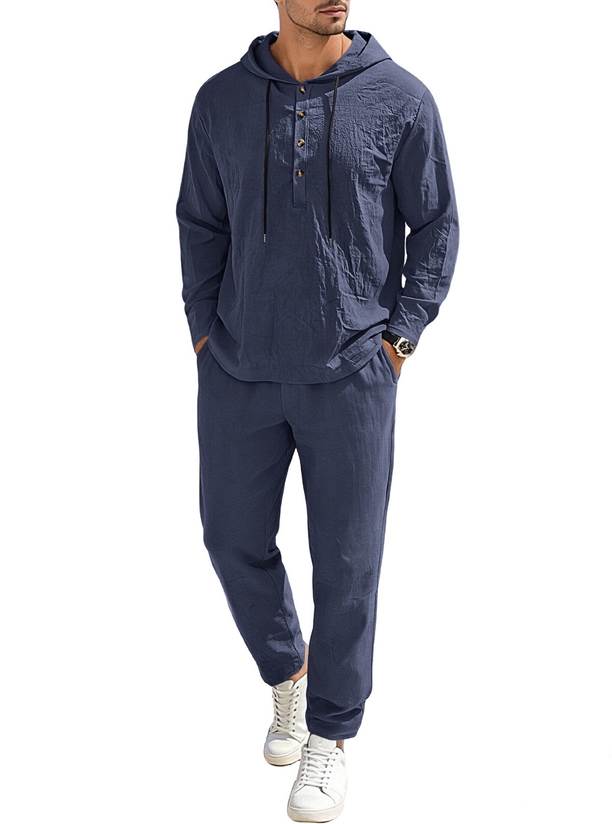 Nuevo transfronterizo europeo y americano TK Amazonas hombre nuevo lino de color sólido con capuzas de tirada manga larga pantalones para hombres