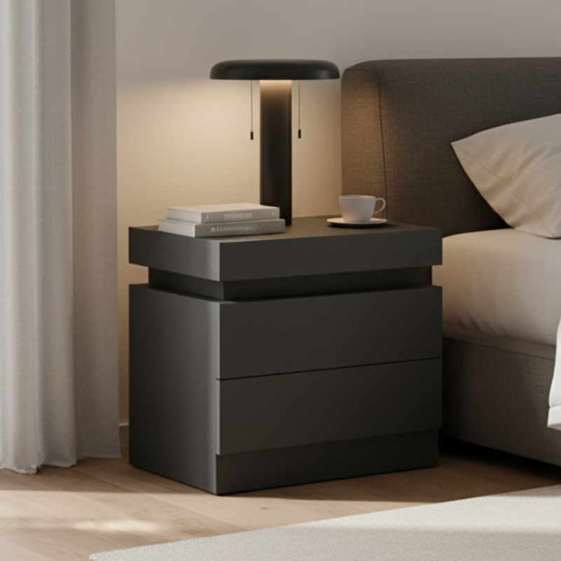 Bedside Table Sliding Cover Charging Bedside with Led Light Makeup Table Simple Modern Bedroom Hotel Bedside Storage Shelf
